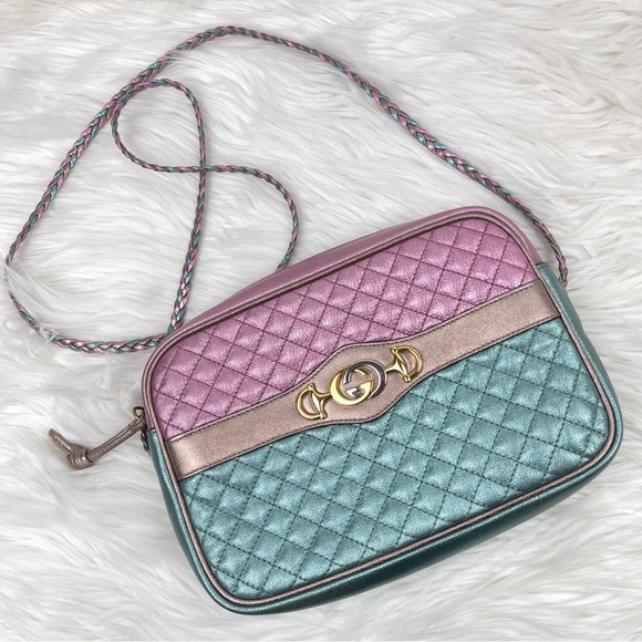 💯 Authentic Gucci Trapuntata Pink/Green Quilted Metallic Leather Crossbody - Picture 2 of 12